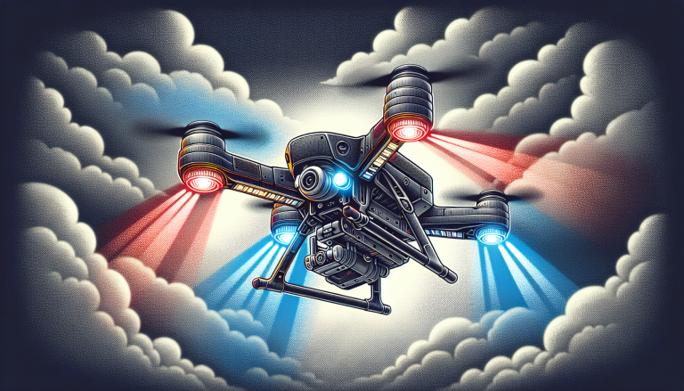 Drone with red blue lights in the clouds